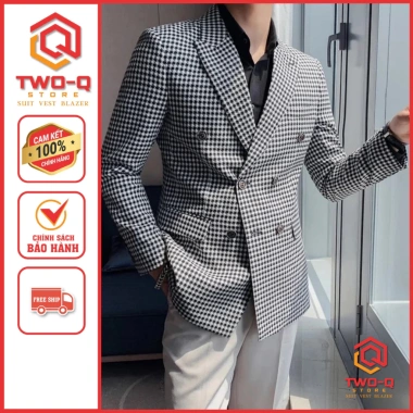 Áo khoác vest blazer nam kẻ caro trắng đen cao cấp, trẻ trung phong cách Hàn Quốc TwoQ