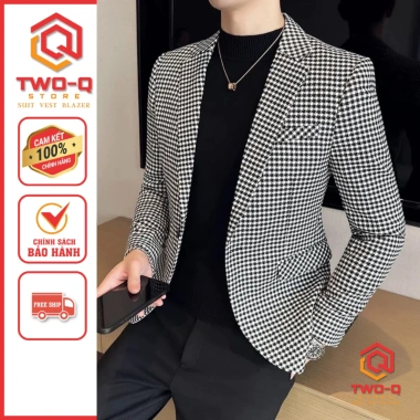 Áo khoác vest blazer nam kẻ caro trắng đen cao cấp, trẻ trung phong cách Hàn Quốc TwoQ