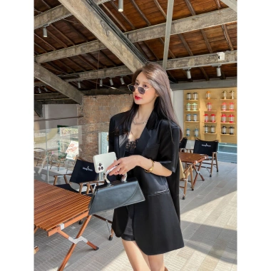 Áo khoác vest ngắn tay mỏng màu đen cho phụ nữ - satin acetate mới, rộng vừa vặn, dài vừa phải, giá chỉ 510.075₫