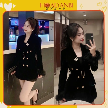 Áo khoác vest nhung tay dài phối lông, 2 lớp, độn vai - Siêu sang chảnh, giá 214.500₫