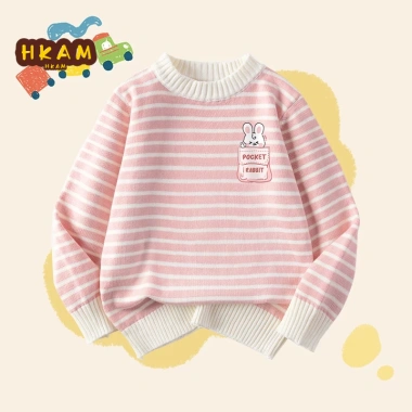Áo Len Bé Gái Thu Đông Trẻ Em Sọc Ấm Áp, Túi In Thỏ Unisex - Giá 250k (Giảm 60k)