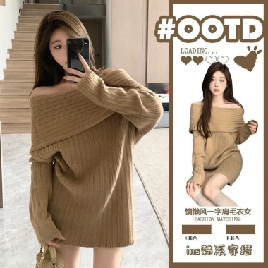 Áo len cách điệu dáng rộng trễ vai 2 kiểu QCCC xu hướng Hàn KUNKUN SP83 - 189k