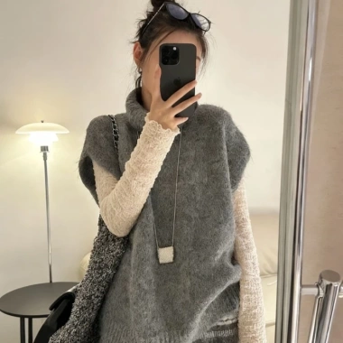 Áo len cao cổ vest nữ dáng rộng Hàn Quốc dệt kim sáp mềm mại, xếp lớp không tay, khí chất