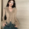 Áo len cardigan Hàn Quốc Qrhyk Hot Girl Furry cổ chữ V dài tay, không đều mỏng, mới