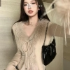 Áo len cardigan Hàn Quốc Qrhyk Hot Girl Furry cổ chữ V dài tay, không đều mỏng, mới 4