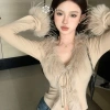 Áo len cardigan Hàn Quốc Qrhyk Hot Girl Furry cổ chữ V dài tay, không đều mỏng, mới 6