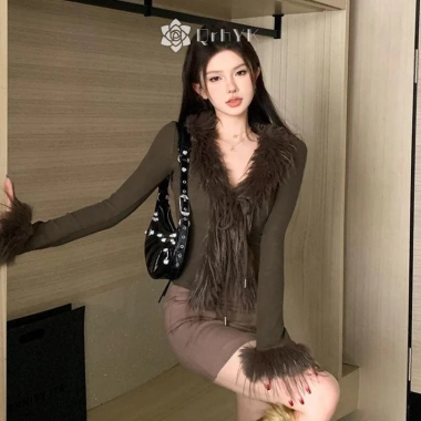 Áo len cardigan Hàn Quốc Qrhyk Hot Girl Furry cổ chữ V dài tay, không đều mỏng, mới 8