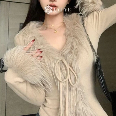 Áo len cardigan Hàn Quốc Qrhyk Hot Girl Furry cổ chữ V dài tay, không đều mỏng, mới 10