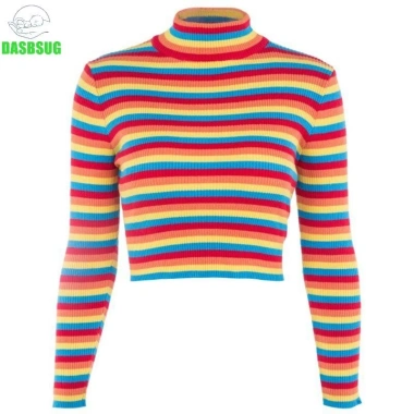 Áo len cổ rùa nữ mùa thu dài tay, crop ngắn sọc cầu vồng - giảm giá 265k