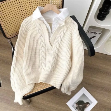 Áo len dài tay vặn thừng cổ phối sơ mi - phong cách hiện đại, giảm giá 17% chỉ 167.440₫