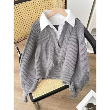 Áo len dài tay vặn thừng cổ phối sơ mi - phong cách hiện đại, giảm giá 17% chỉ 167.440₫