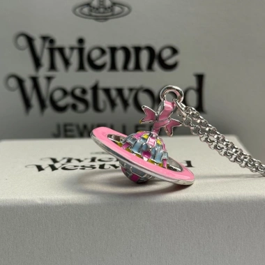 Áo len dài vintage Vivienne Westwood họa tiết hồng và vòng cổ nơ 3D sao Thổ
