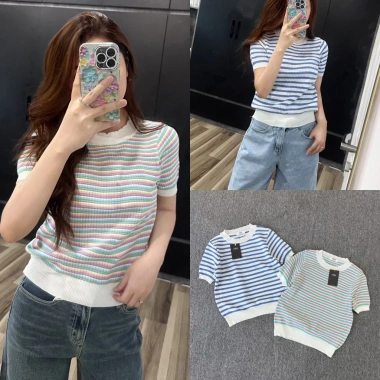 Áo len dệt kim kẻ ngang bo viền màu tay ngắn – Giá chỉ 245.000₫, giảm từ 318.500₫