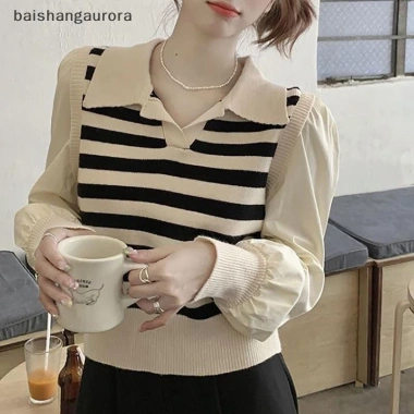 Áo len dệt kim nữ mùa thu cổ chữ V sọc màu tương phản BASA - áo chui đầu thông thường BASD 163.944₫