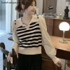 Áo len dệt kim nữ mùa thu cổ chữ V sọc màu tương phản BASA - áo chui đầu thông thường BASD 163.944₫ 3
