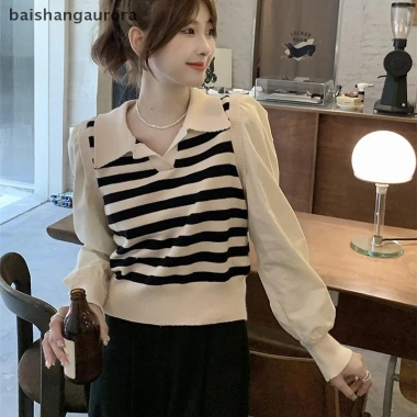 Áo len dệt kim nữ mùa thu cổ chữ V sọc màu tương phản BASA - áo chui đầu thông thường BASD 163.944₫