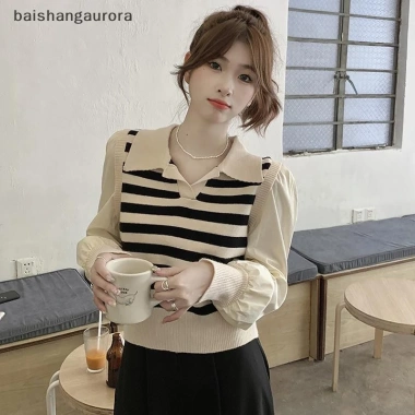 Áo len dệt kim nữ mùa thu cổ chữ V sọc màu tương phản BASA - áo chui đầu thông thường BASD 163.944₫