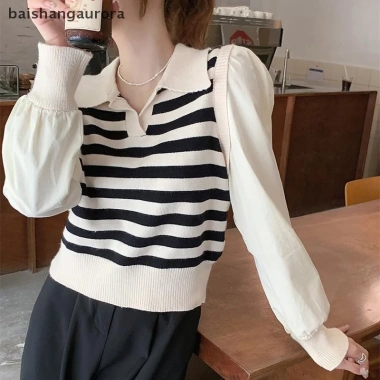 Áo len dệt kim nữ mùa thu cổ chữ V sọc màu tương phản BASA - áo chui đầu thông thường BASD 163.944₫