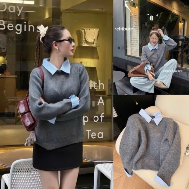 Áo len dệt kim nữ phối sơ mi trẻ trung QCCC NGOMINH SP392 giá ưu đãi 189k