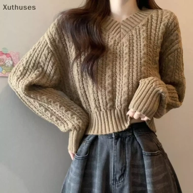 Áo Len Dệt Kim Retro Cổ V Tay Dài - Siêu êm, Giá chỉ 154.300₫, Giảm tới 20%