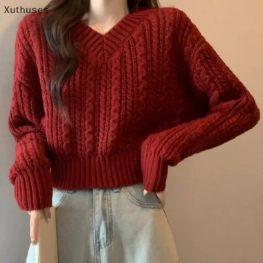 Áo Len Dệt Kim Retro Cổ V Tay Dài - Siêu êm, Giá chỉ 154.300₫, Giảm tới 20%