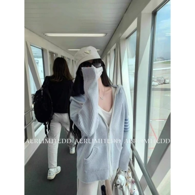 Áo len dệt kim xanh có dây kéo và mũ trùm đầu Preppy mùa hè - Giá chỉ 109.296 VND