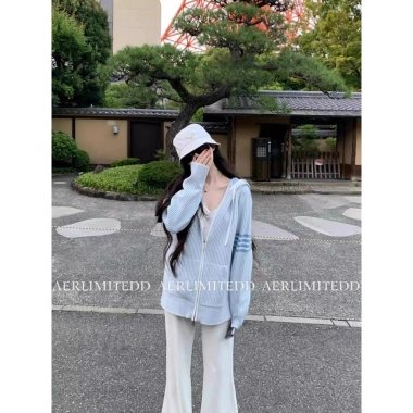 Áo len dệt kim xanh có dây kéo và mũ trùm đầu Preppy mùa hè - Giá chỉ 109.296 VND