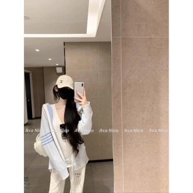 Áo len dệt kim xanh có dây kéo và mũ trùm đầu Preppy mùa hè - Giá chỉ 109.296 VND