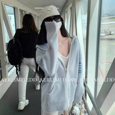 Áo len dệt kim xanh có dây kéo và mũ trùm đầu Preppy mùa hè - Giá chỉ 109.296 VND