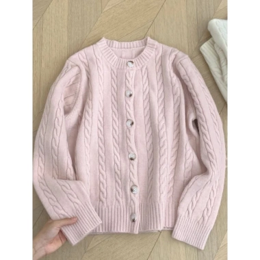 Áo len dệt kim xoắn màu hồng nữ Xuân Thu 2.024 Preppy ôm hơn dài tay