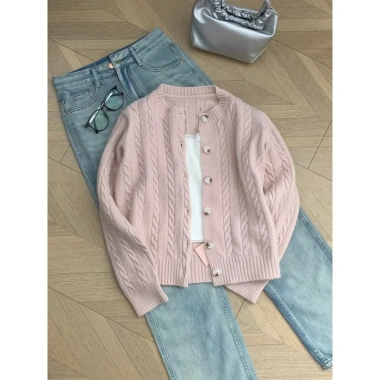 Áo len dệt kim xoắn màu hồng nữ Xuân Thu 2.024 Preppy ôm hơn dài tay