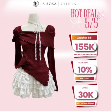 Áo Len Đỏ Tiểu Thư Cổ Vuông Đính Hoa Lech Vai Chân Váy Ly Tôn S772 Giá 199k