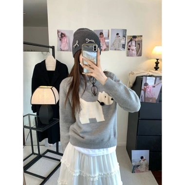 Áo Len Jacquard Con Chó Con Chui Đầu Nữ Thu Đông Dài Tay Retro Xanh Hải Quân Cổ Tròn Giá ưu đãi 152.420