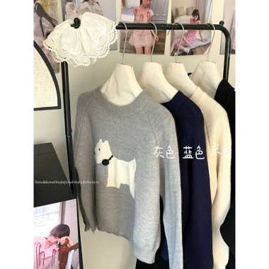 Áo Len Jacquard Con Chó Con Chui Đầu Nữ Thu Đông Dài Tay Retro Xanh Hải Quân Cổ Tròn Giá ưu đãi 152.420