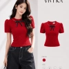 Áo len lông thỏ Ari VIVI KA đỏ tay phồng nơ nữ tính, dễ thương đi chơi dự tiệc 8/3