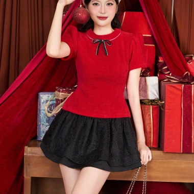 Áo len lông thỏ Ari VIVI KA đỏ tay phồng nơ nữ tính, dễ thương đi chơi dự tiệc 8/3 6