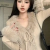 Áo len ngắn cardigan SBS Furry Hàn Quốc Cổ V tay dài không đều mỏng 147k 2