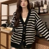 Áo len nữ cỡ lớn kẻ sọc FH thu sớm, cardigan dệt kim thoải mái rộng rãi 190k