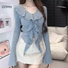 Áo Len Nữ Crop Top Cổ V Tay Dài Ruffles Gợi Cảm Len Mỏng Dệt Kim Giá 158.868₫