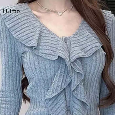 Áo Len Nữ Crop Top Cổ V Tay Dài Ruffles Gợi Cảm Len Mỏng Dệt Kim Giá 158.868₫ 6