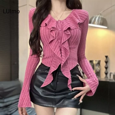 Áo Len Nữ Crop Top Cổ V Tay Dài Ruffles Gợi Cảm Len Mỏng Dệt Kim Giá 158.868₫ 10