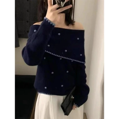 Áo len nữ dệt kim mềm mại, họa tiết chấm bi, cổ lệch vai, màu đối lập - chỉ 125.453₫ 10