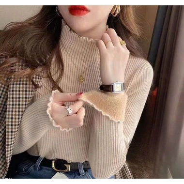 Áo len nữ giữ nhiệt lót lông cừu, cổ 3 phân, dày dặn, thiết kế lượn sóng - Giá chỉ 137.286₫ 5
