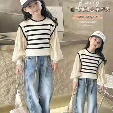Áo len sọc tay phồng công chúa bé gái Xuân Thu - Khâu hai mảnh, giảm 20% 4