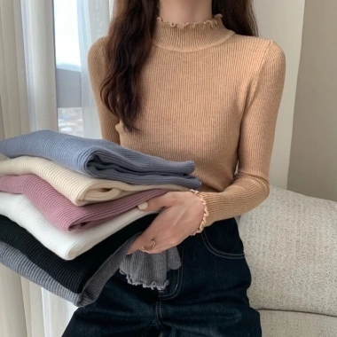 Áo Len Tăm Siêu Co Giãn Cổ 3p Sóng Viền Bèo Dáng Ôm Body Tay Dài Dễ Phối Phong Cách Hàn Quốc - Hàng Qccc