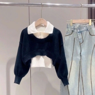 Áo len thu đông set 2 món cổ sơ mi tay bồng KHOSI SP242 - Giá 189.000 VND