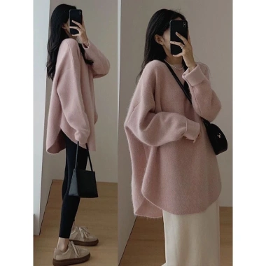 Áo len ulzzang đuôi tôm form rộng dài dệt kim basic Hàn Quốc Quảng Châu NGOMINH SP69 209k 3