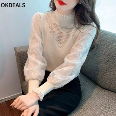 Áo len và áo sơ mi ren nữ dài tay nửa cổ rùa thanh lịch - Giá 262.008đ giảm tới 19%