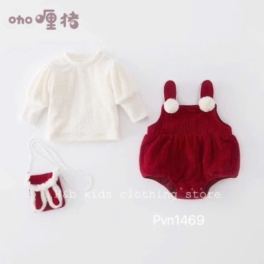 Áo len & váy đỏ bông trắng, tặng túi thỏ, áo yếm Giáng Sinh lễ Tết JMKids 129k 8