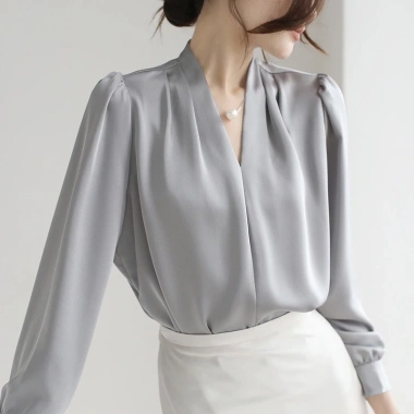 Áo Lụa Nữ Cổ V Xếp Li Vai Trơn Tay Dài Kiểu Sơ Mi - Lụa Ngọc Trai Cao Cấp 129k 2